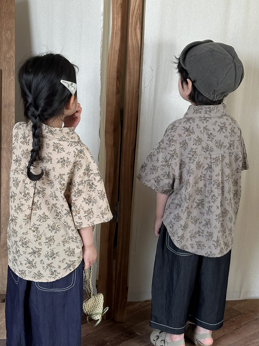 Floral Drop Shoulder Cotton Shirt フラワー 半袖シャツ【mh0013470】 Jiaye Kids 半袖シャツ・ブラウス