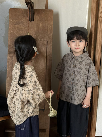 Floral Drop Shoulder Cotton Shirt フラワー 半袖シャツ【mh0013470】 Jiaye Kids 半袖シャツ・ブラウス