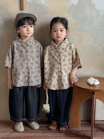 Floral Drop Shoulder Cotton Shirt フラワー 半袖シャツ【mh0013470】 Jiaye Kids 半袖シャツ・ブラウス