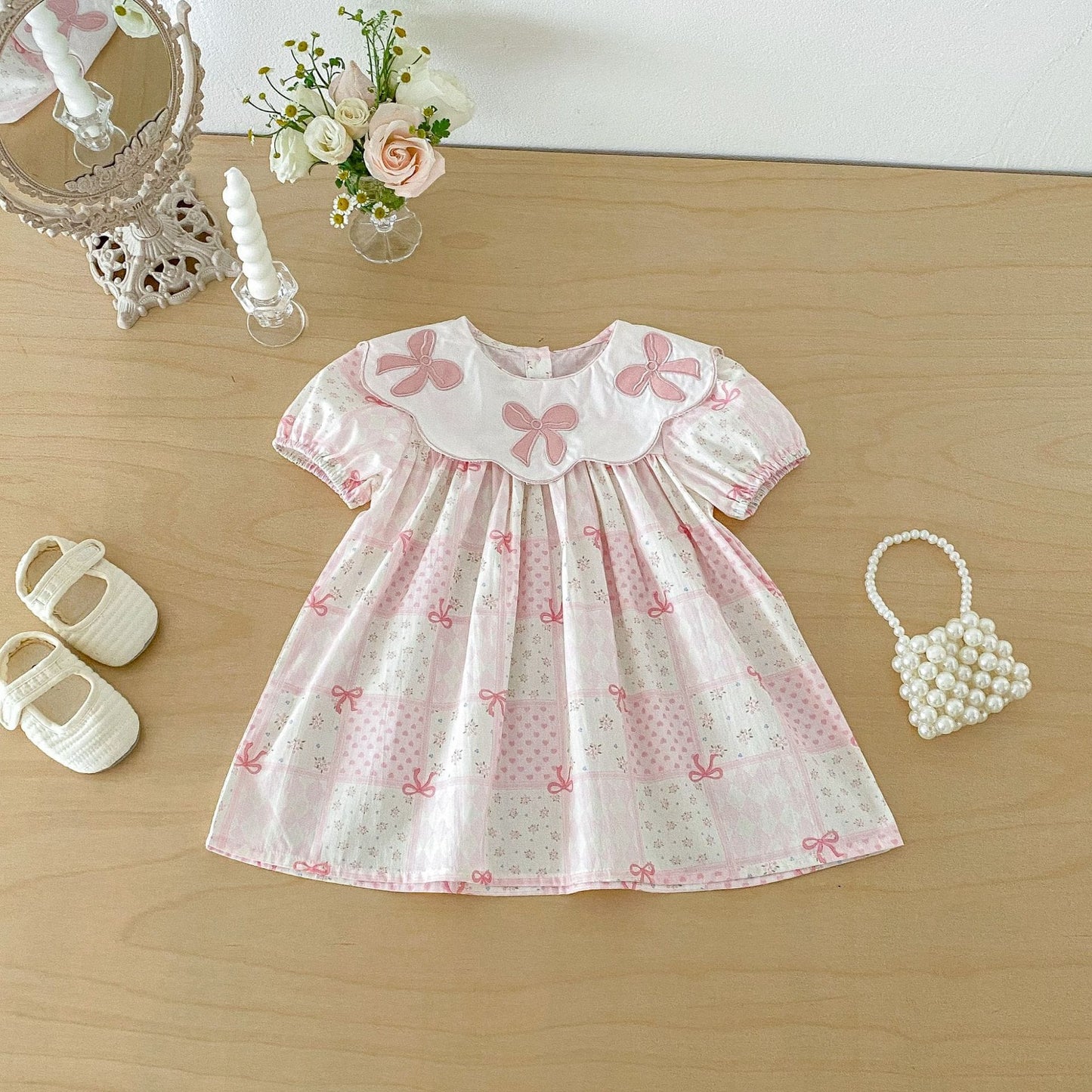 Floral Embroidered Bow Dress 花柄 刺繍襟 半袖 ワンピース【mh0012713】 angou 半袖ワンピース