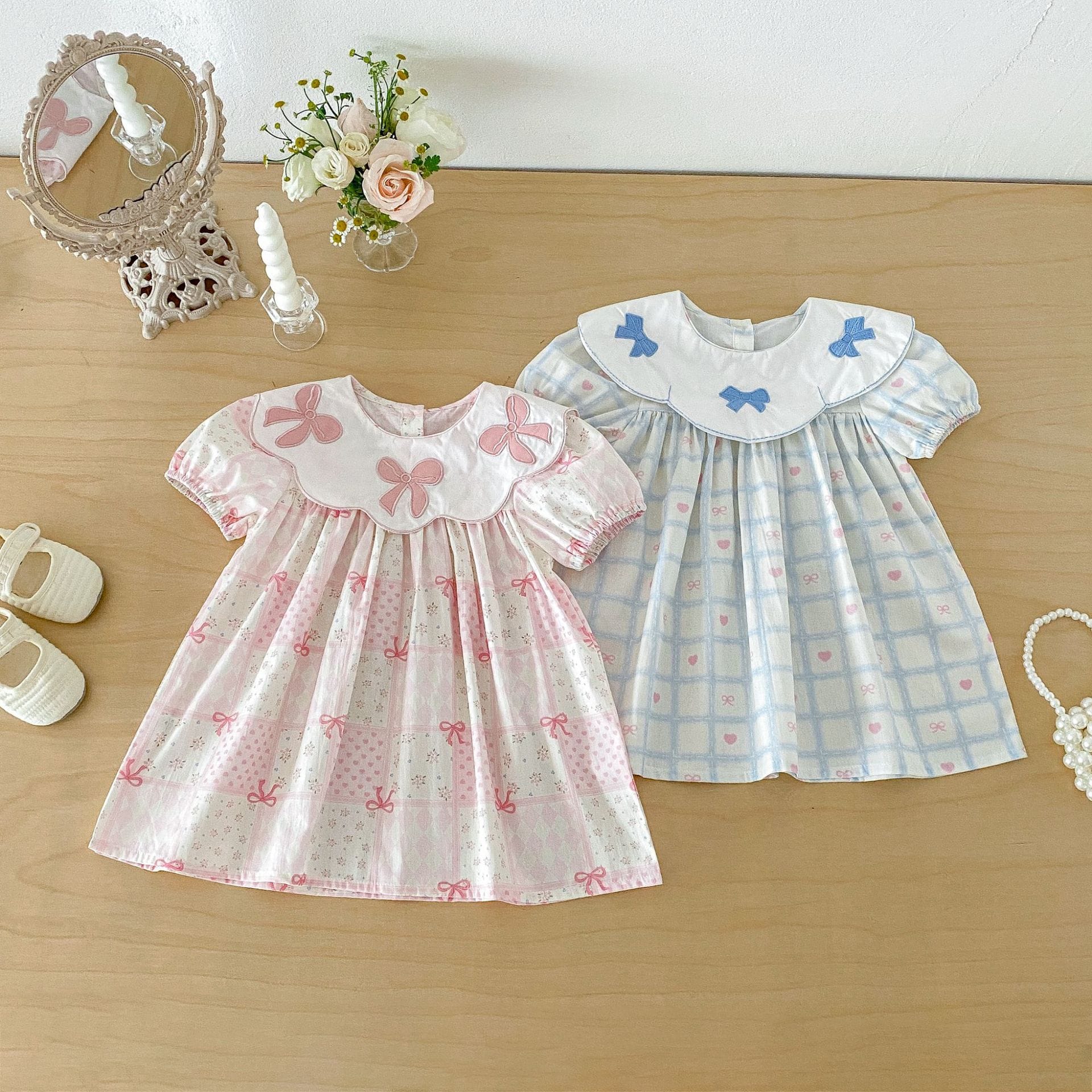 Floral Embroidered Bow Dress 花柄 刺繍襟 半袖 ワンピース【mh0012713】 angou 半袖ワンピース