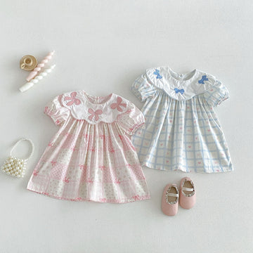 Floral Embroidered Bow Dress 花柄 刺繍襟 半袖 ワンピース【mh0012713】 angou 半袖ワンピース
