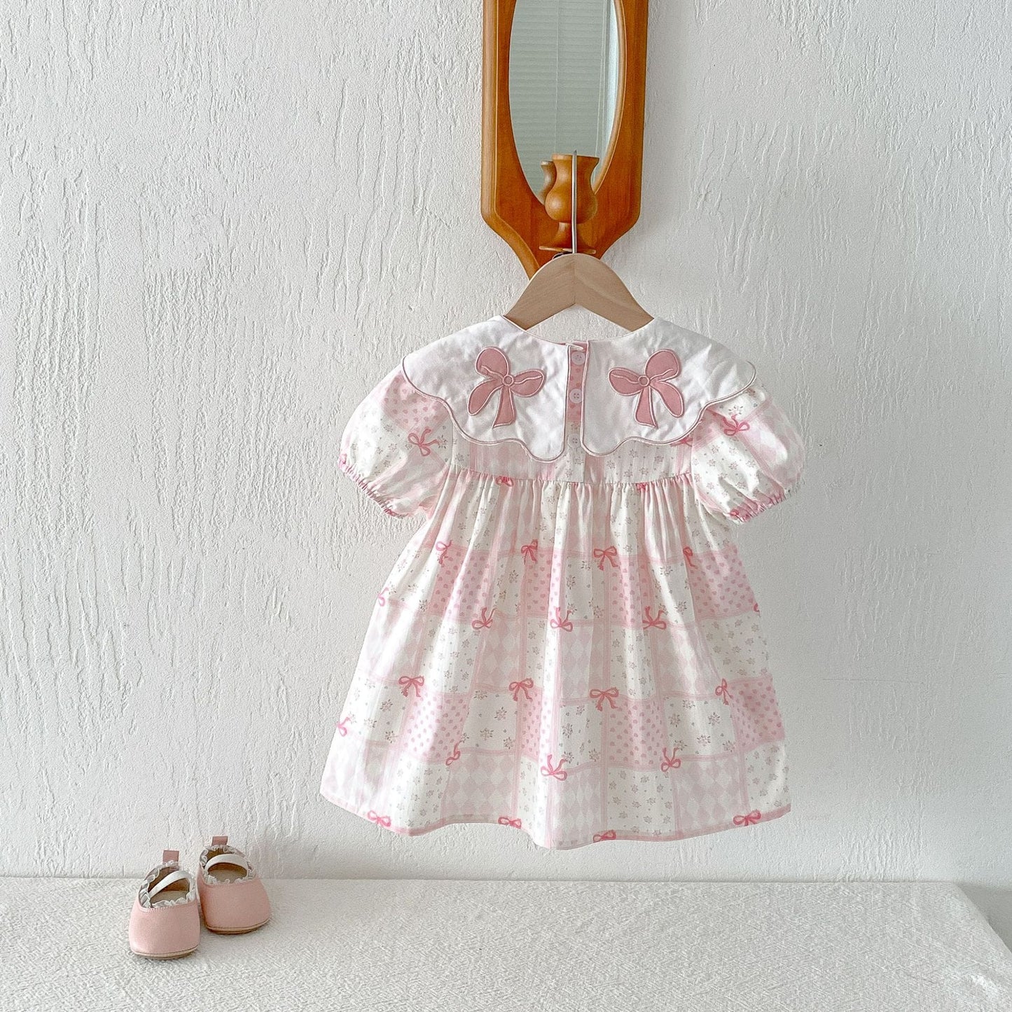 Floral Embroidered Bow Dress 花柄 刺繍襟 半袖 ワンピース【mh0012713】 angou 半袖ワンピース
