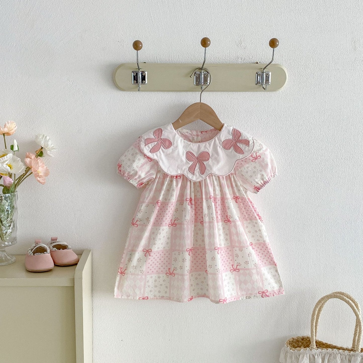 Floral Embroidered Bow Dress 花柄 刺繍襟 半袖 ワンピース【mh0012713】 angou 半袖ワンピース