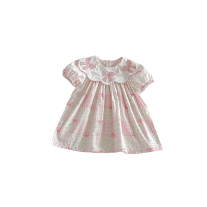 Floral Embroidered Bow Dress 花柄 刺繍襟 半袖 ワンピース【mh0012713】 angou 半袖ワンピース