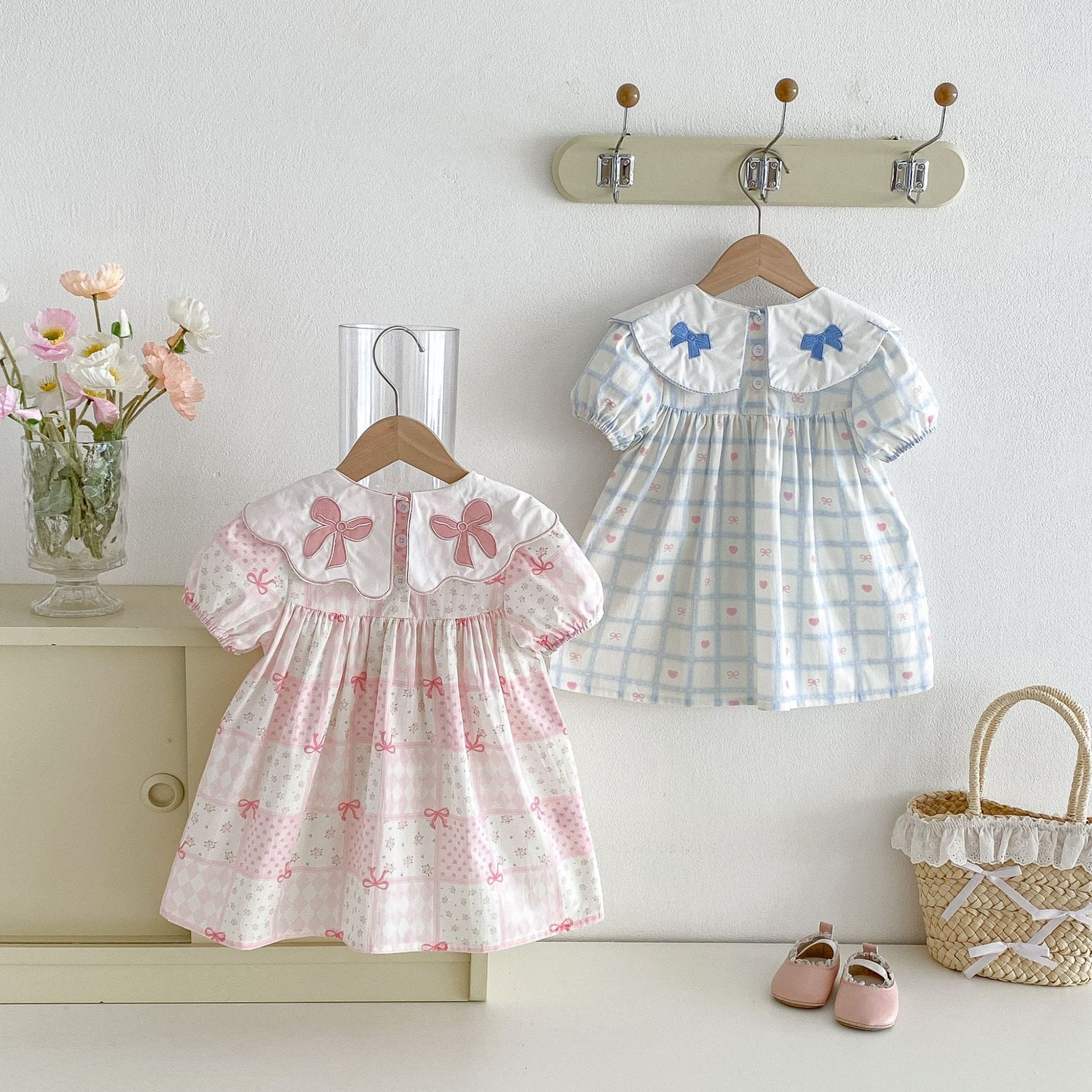 Floral Embroidered Bow Dress 花柄 刺繍襟 半袖 ワンピース【mh0012713】 angou 半袖ワンピース