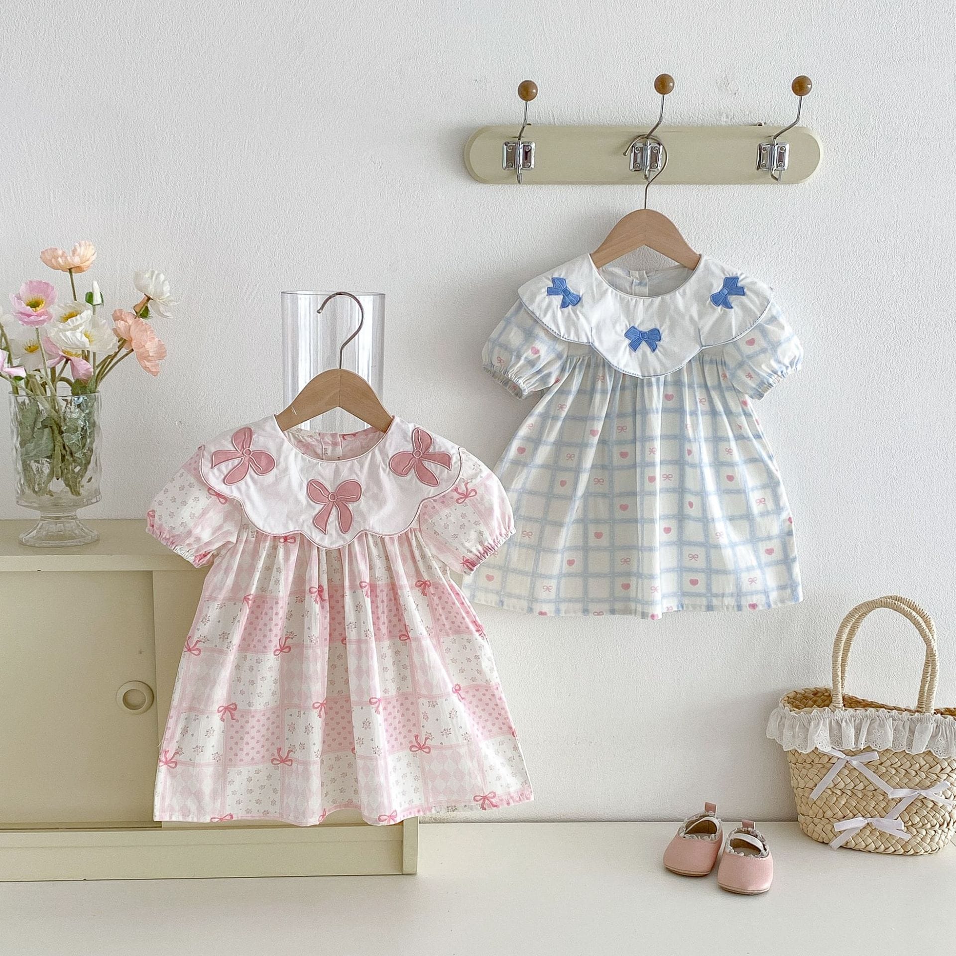 Floral Embroidered Bow Dress 花柄 刺繍襟 半袖 ワンピース【mh0012713】 angou 半袖ワンピース