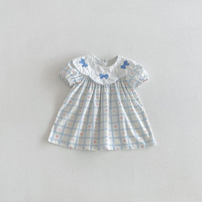 Floral Embroidered Bow Dress 花柄 刺繍襟 半袖 ワンピース【mh0012713】 Light Blue / 80cm angou 半袖ワンピース