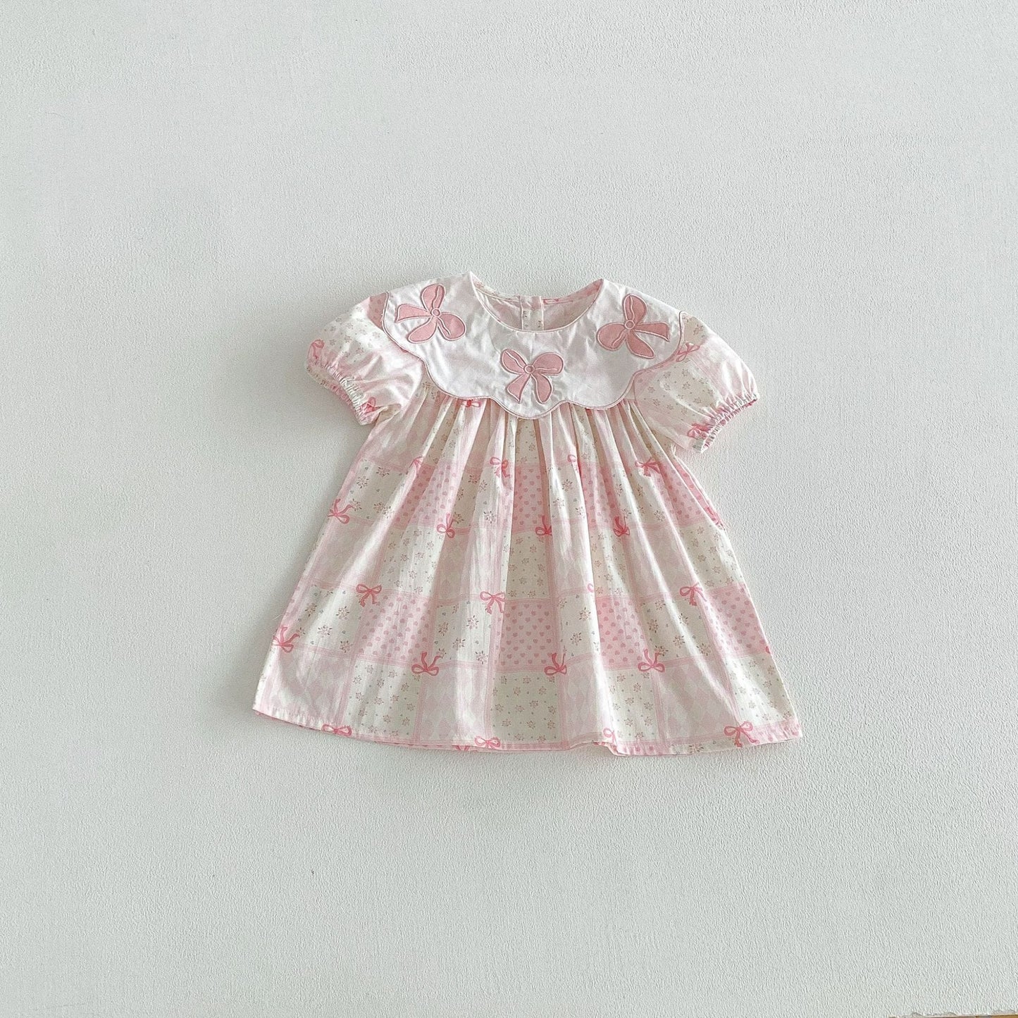 Floral Embroidered Bow Dress 花柄 刺繍襟 半袖 ワンピース【mh0012713】 Pink / 80cm angou 半袖ワンピース