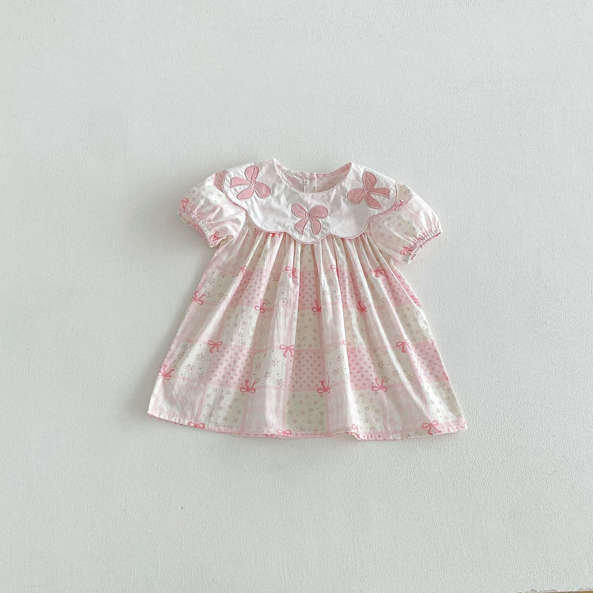 Floral Embroidered Bow Dress 花柄 刺繍襟 半袖 ワンピース【mh0012713】 Pink / 80cm angou 半袖ワンピース