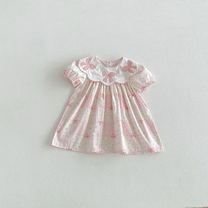 Floral Embroidered Bow Dress 花柄 刺繍襟 半袖 ワンピース【mh0012713】 Pink / 80cm angou 半袖ワンピース