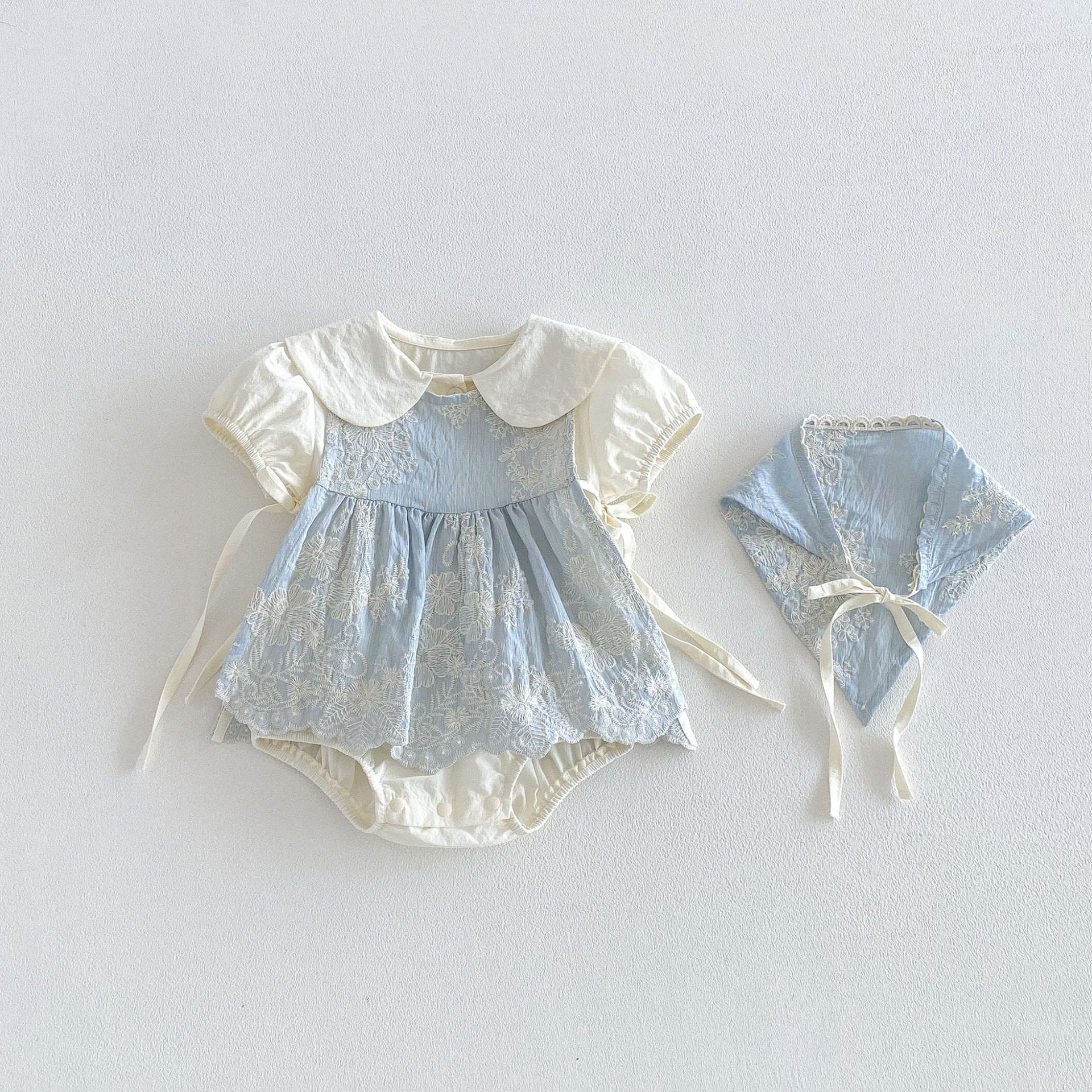 Floral Embroidery Romper Set フラワー 刺繍ロンパース セット【mh0013417】 Blue / 66cm angou ロンパースセットアップ