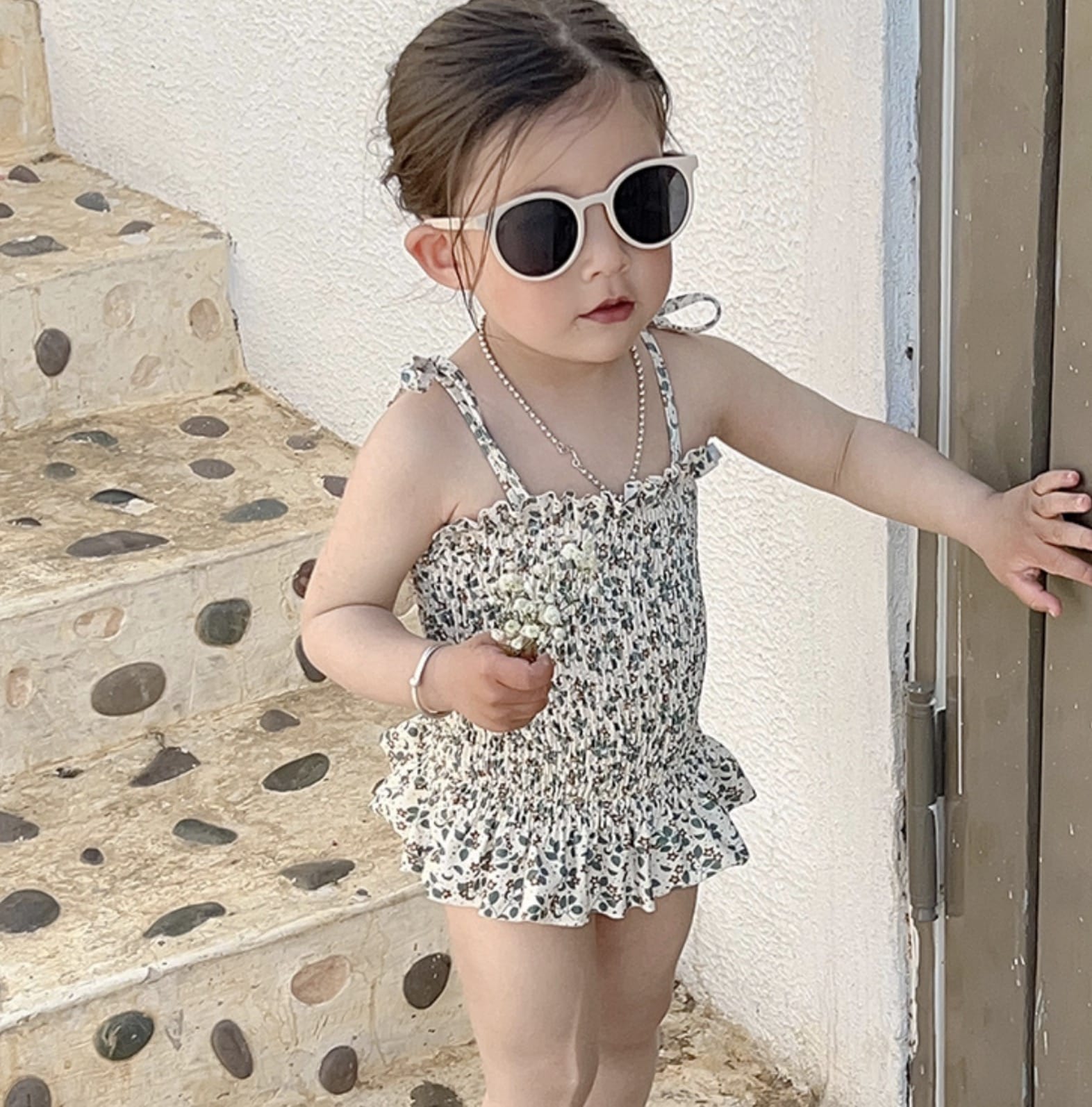 Floral Floral One-Piece Swimwear シャーリング ノースリーブワンピース水着【mh0013342】 mamahalo kids ベビー用水着