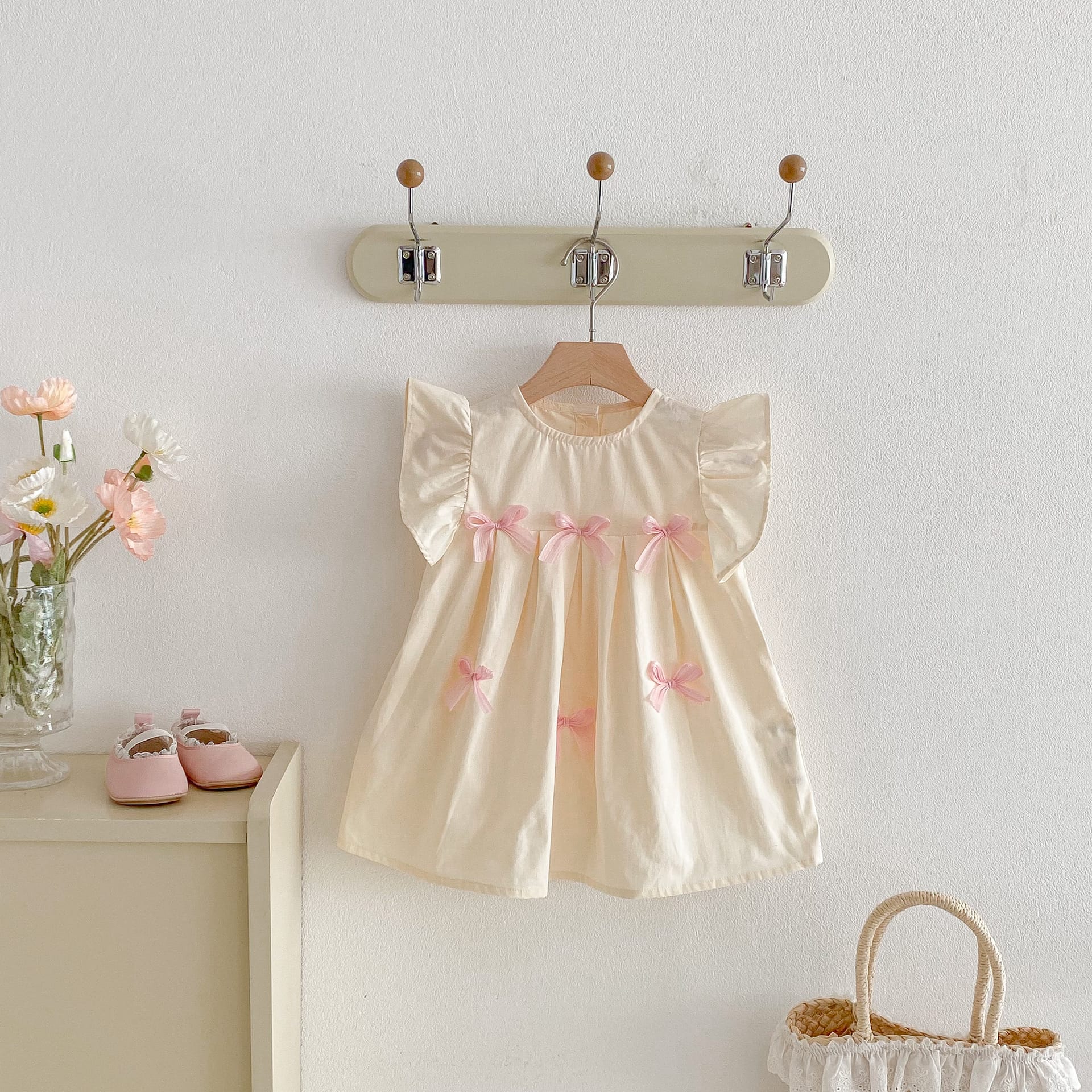 Floral Frill Sleeve Ribbon Dress 花柄 フリル袖 リボン ワンピース【mh0012719】 Beige White / 80cm angou