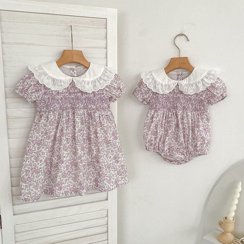 Floral Lace Collar Dress Romper フリルカラー 半袖ワンピース 半袖ロンパース【mh0013156】 Aeg babyi 半袖ロンパース