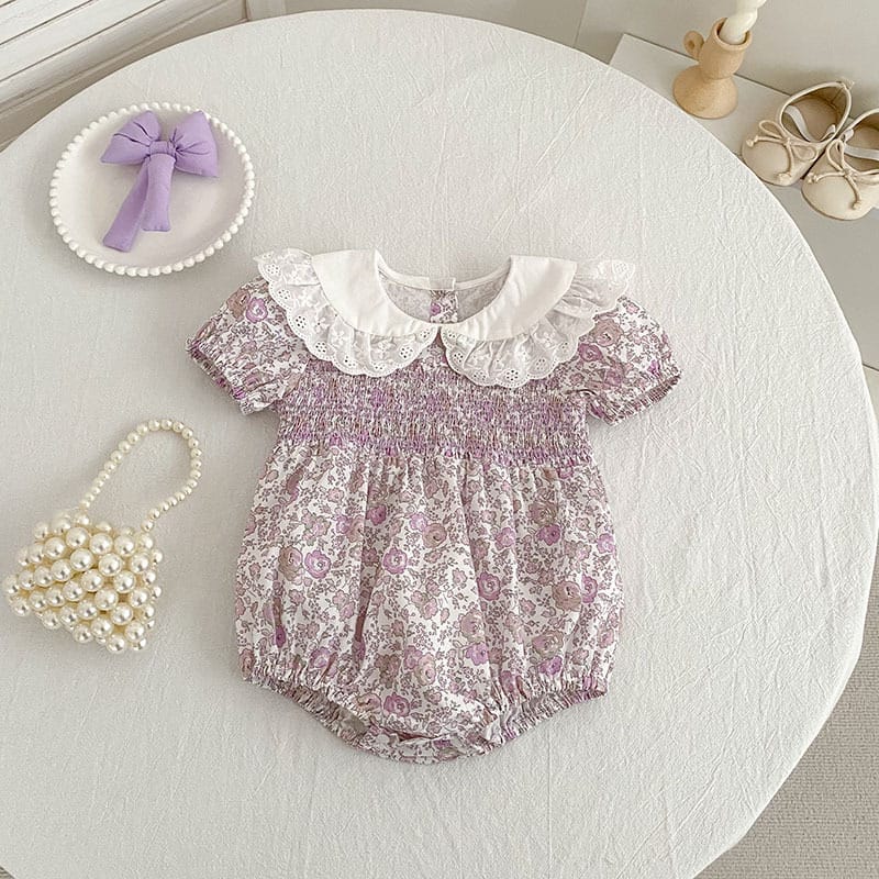 Floral Lace Collar Dress Romper フリルカラー 半袖ワンピース 半袖ロンパース【mh0013156】 Aeg babyi 半袖ロンパース