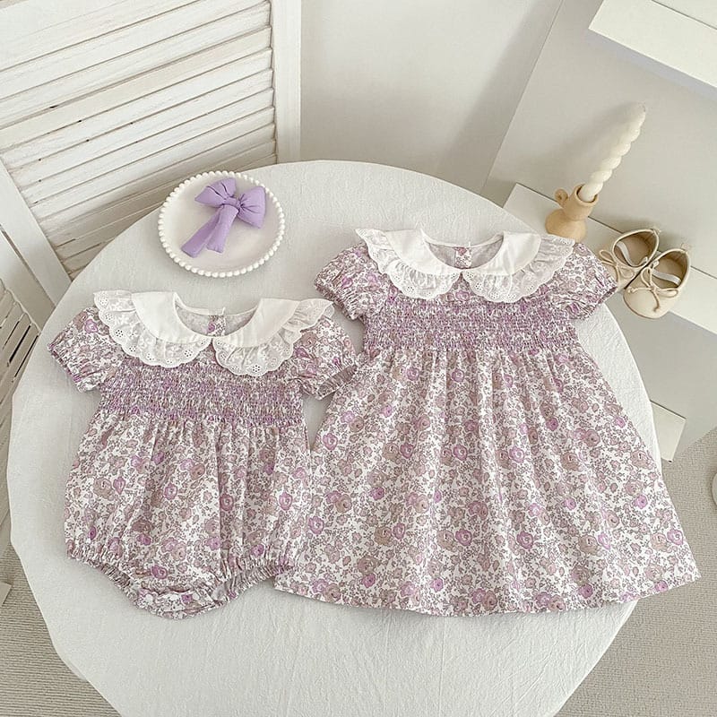 Floral Lace Collar Dress Romper フリルカラー 半袖ワンピース 半袖ロンパース【mh0013156】 Aeg babyi 半袖ロンパース