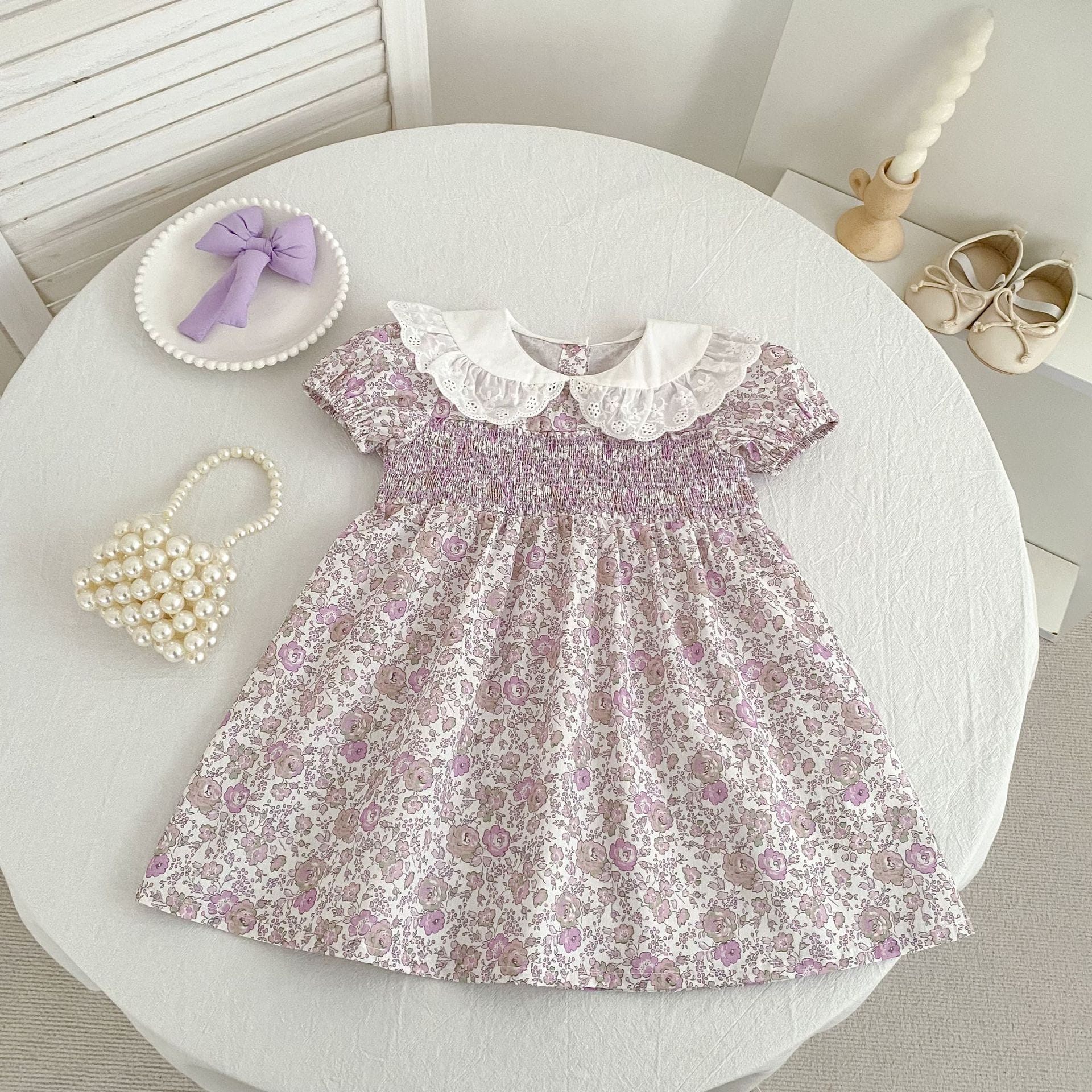 Floral Lace Collar Dress Romper フリルカラー 半袖ワンピース 半袖ロンパース【mh0013156】 Aeg babyi 半袖ロンパース