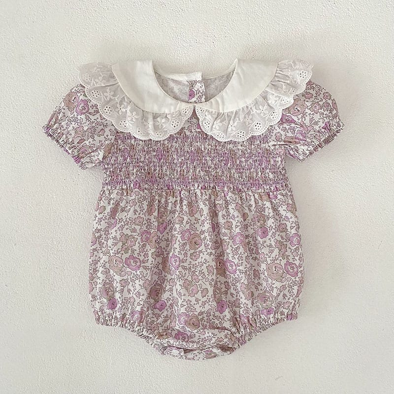 Floral Lace Collar Dress Romper フリルカラー 半袖ワンピース 半袖ロンパース【mh0013156】 Rompers / 66cm Aeg babyi 半袖ロンパース