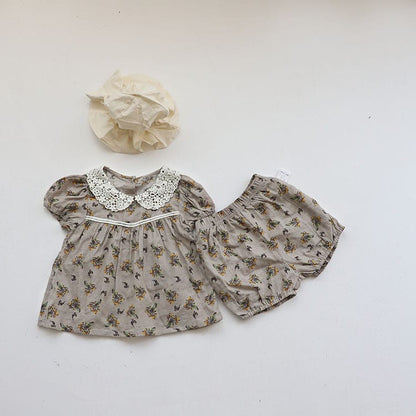 Floral Lace Collar Set 小花柄 半袖チュニック セットアップ【mh0012695】 BBAMMA 半袖セットアップ