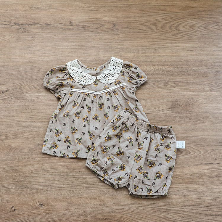 Floral Lace Collar Set 小花柄 半袖チュニック セットアップ【mh0012695】 Light Grey / 73cm BBAMMA 半袖セットアップ