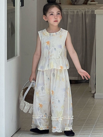 Floral Lace Vest Lantern Pants Two-Piece Set フラワー ノースリーブトップス ロングパンツ セット【mh0013301】 Beige White / 90cm Mu Zika ノースリーブセットアップ