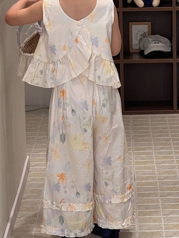 Floral Lace Vest Lantern Pants Two-Piece Set フラワー ノースリーブトップス ロングパンツ セット【mh0013301】 Mu Zika ノースリーブセットアップ
