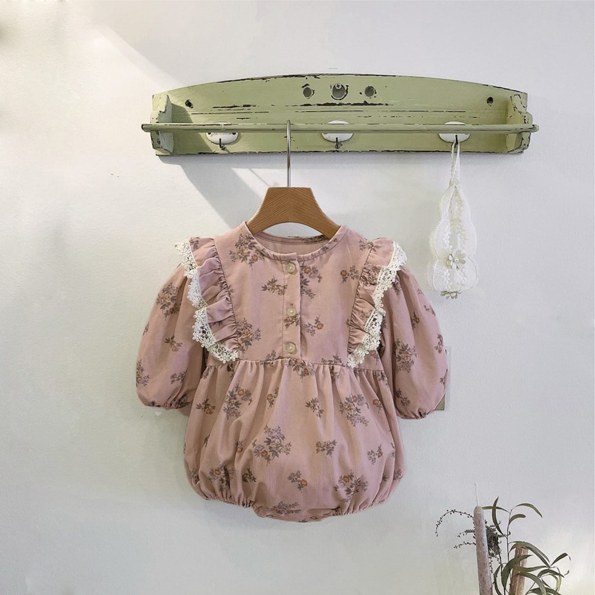Floral Long Sleeve Romper 小花柄 パフスリーブ ロンパース【mh0012678】 Gray Pink / 66cm BBAMMA 長袖ロンパース