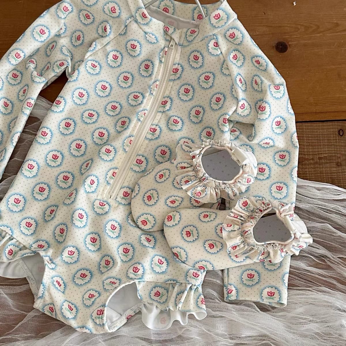 Floral Long-sleeve Sun Protection Quick-Dry Swimwear チューリップ 長袖ワンピース水着【mh0013321】 mamahalo kids ベビー用水着