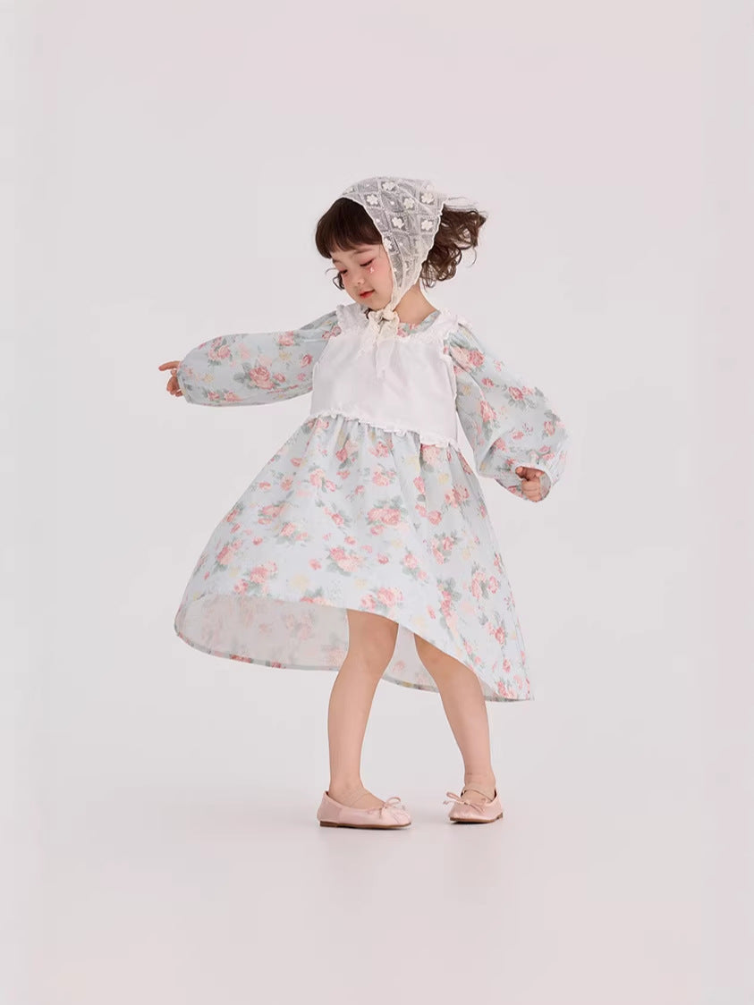 Floral Pattern Crew Neck Doll Dress 小花柄 パフスリーブ ドールワンピース【mh0012385】 90cm / green mamahalo shop