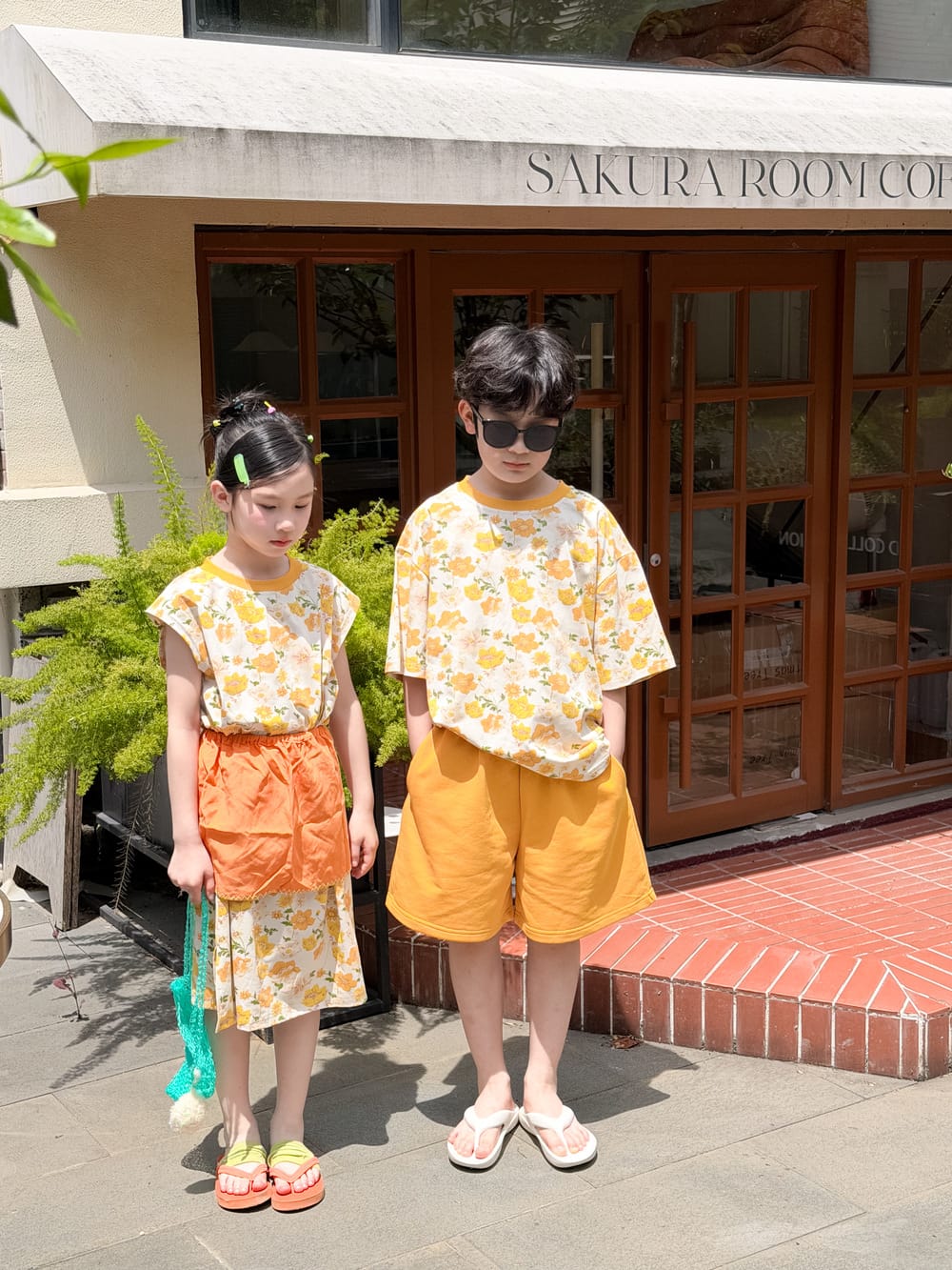 Floral Print Loose Top Dress and Shorts Set 田園プリント 半袖Tシャツ ショートパンツ 半袖ワンピース【mh0013517】 KUMAI.KIDS 半袖セットアップ