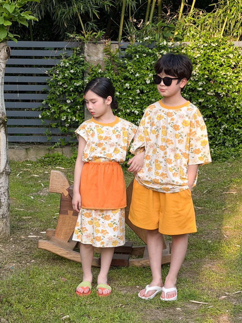 Floral Print Loose Top Dress and Shorts Set 田園プリント 半袖Tシャツ ショートパンツ 半袖ワンピース【mh0013517】 KUMAI.KIDS 半袖セットアップ