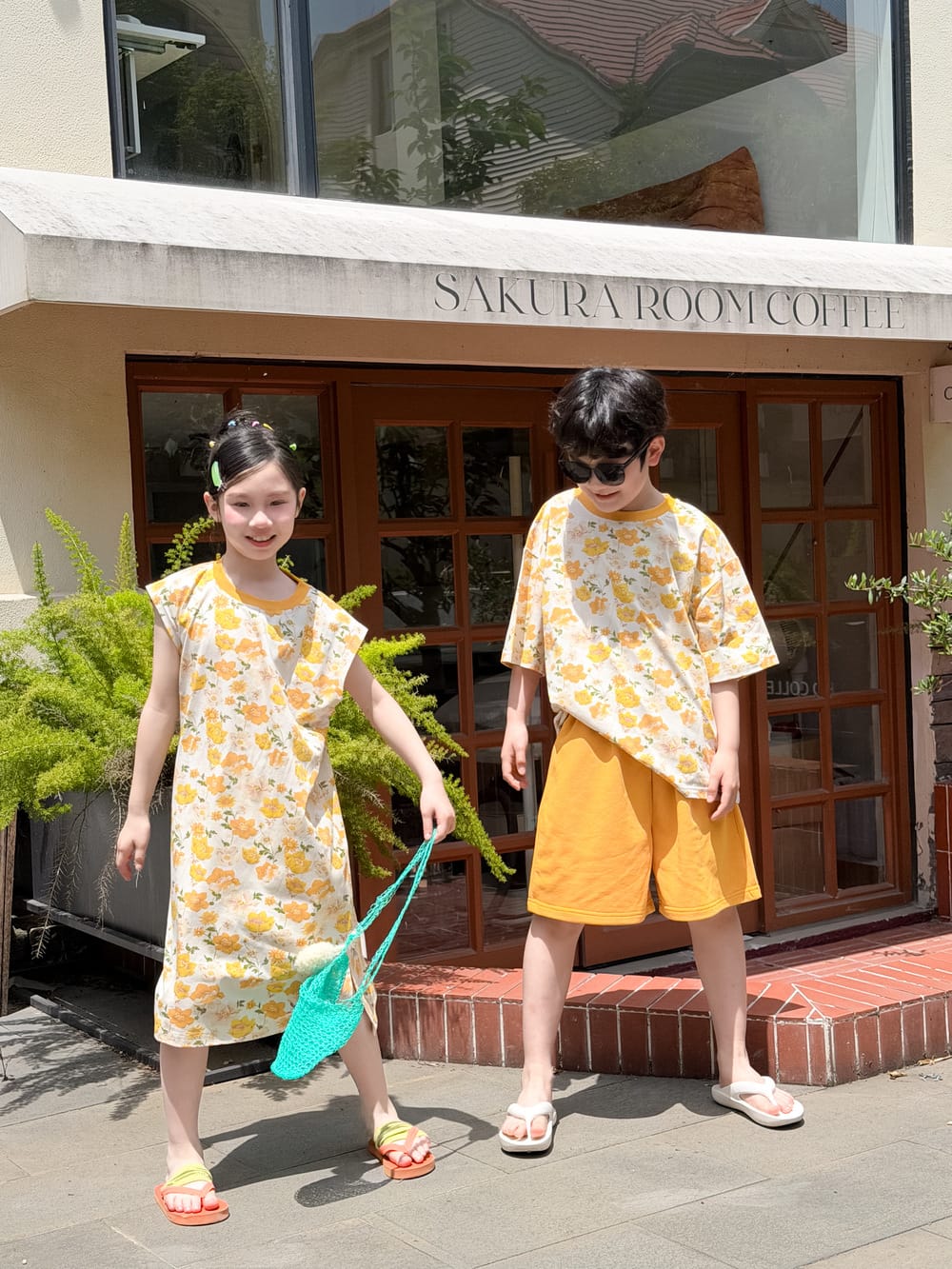 Floral Print Loose Top Dress and Shorts Set 田園プリント 半袖Tシャツ ショートパンツ 半袖ワンピース【mh0013517】 KUMAI.KIDS 半袖セットアップ