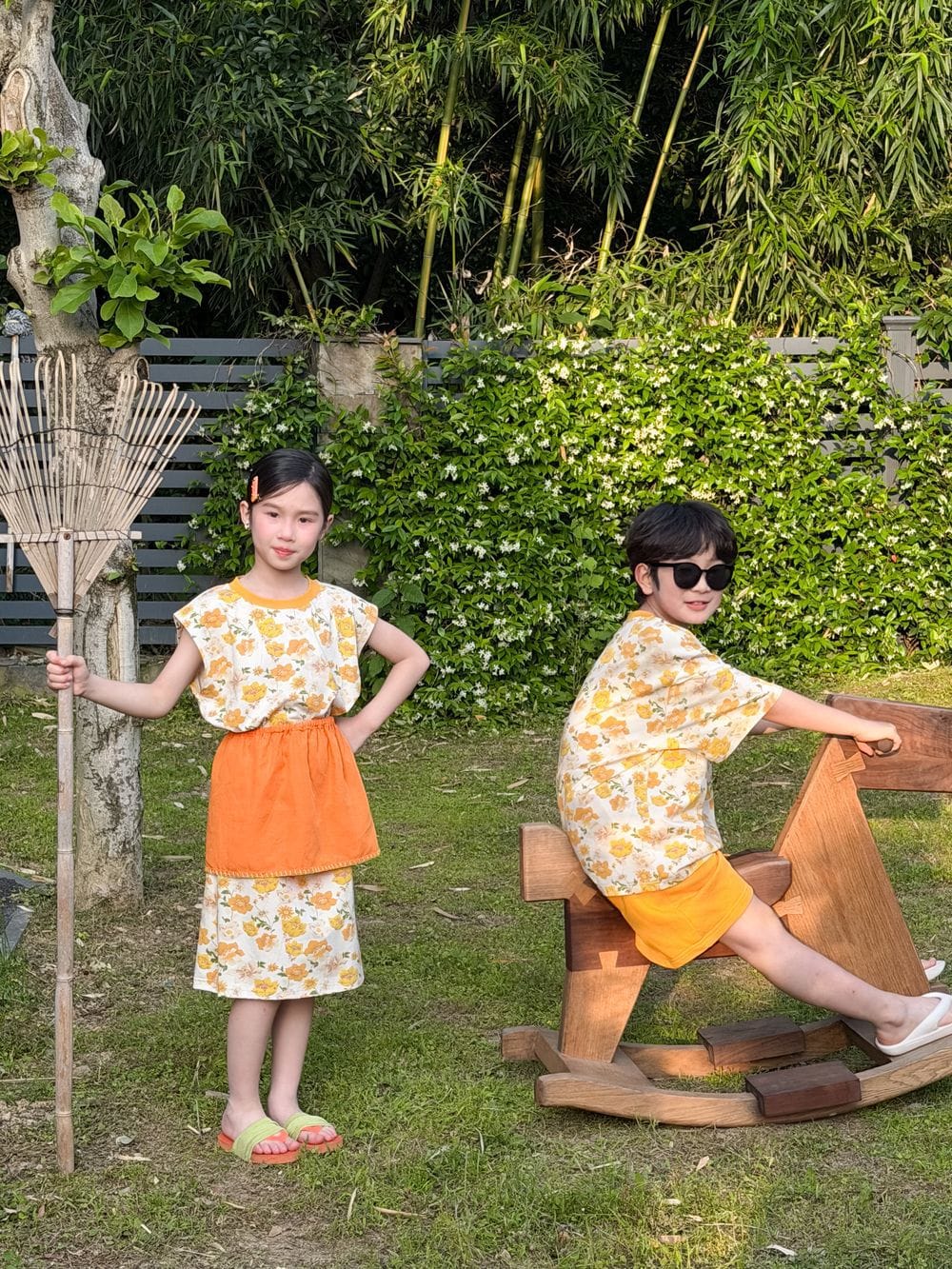 Floral Print Loose Top Dress and Shorts Set 田園プリント 半袖Tシャツ ショートパンツ 半袖ワンピース【mh0013517】 KUMAI.KIDS 半袖セットアップ