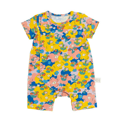 Floral Print Lyocell Jumpsuit プリント 半袖ジャンプスーツ【mh0013093】 Yellow / 66cm RICE & SKY 半袖ロンパース