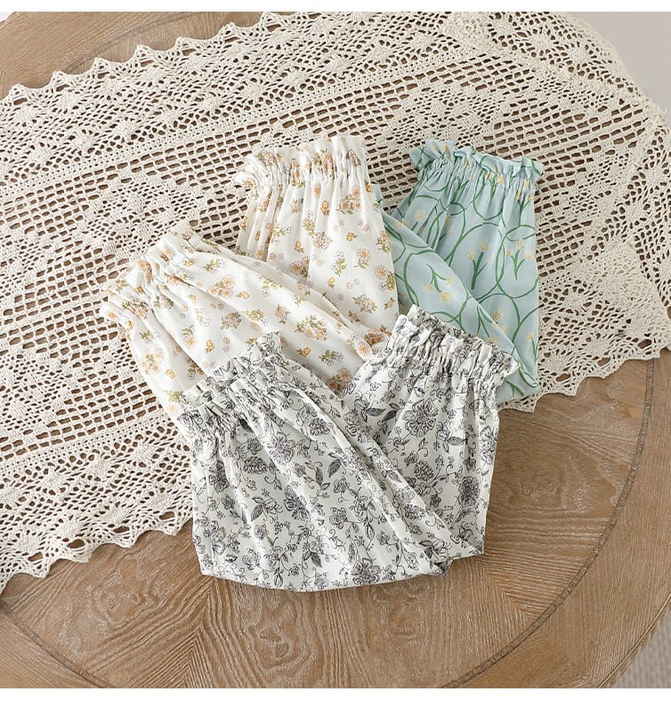 Floral Print Ruffle Cotton Pants フラワー ロングパンツ【mh0013606】 Beitaoya ロングパンツ・スウェットパンツ