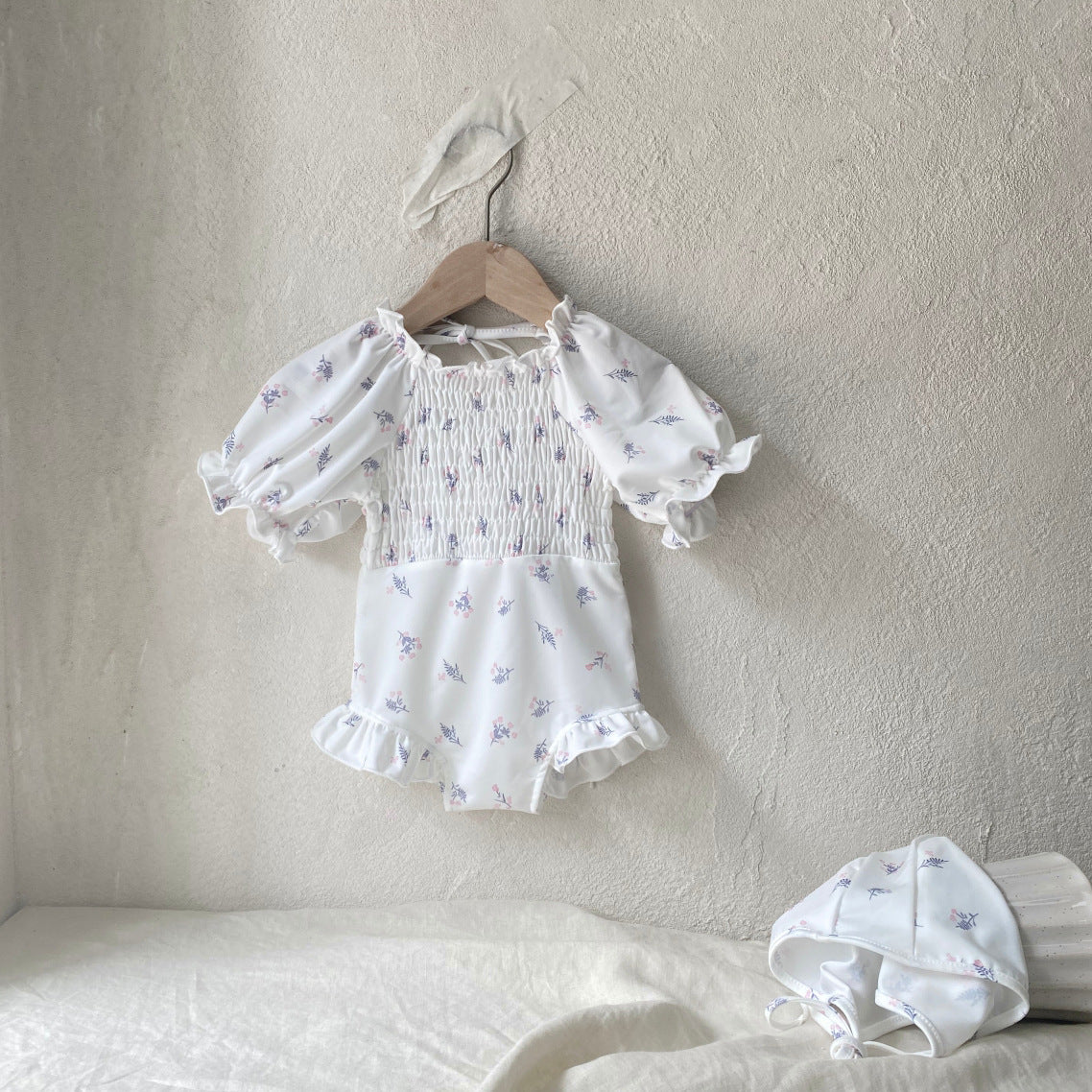 Floral Print Smocked Swimsuit フローラルプリントスモッキング水着 73CM / White Background Pink Flowers (Free Hat) mamahalo shop