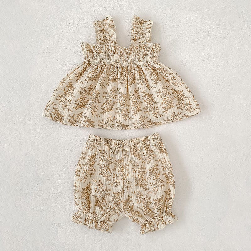 Floral Ruffle Camisole Bloomer フリル キャミソール ブルマ【mh0013159】 Khaki / 66cm Aeg babyi ノースリーブセットアップ