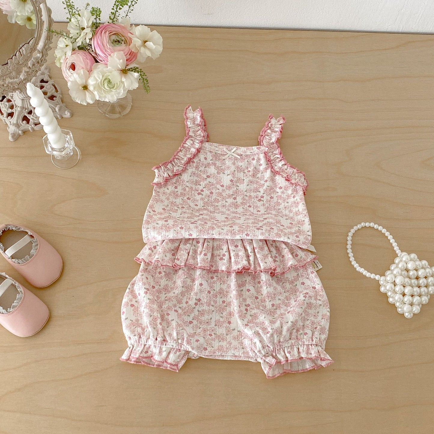 Floral Ruffle Tank Top Shorts Set 小花柄 キャミソールショートパンツ セット【mh0013432】 angou ノースリーブセットアップ