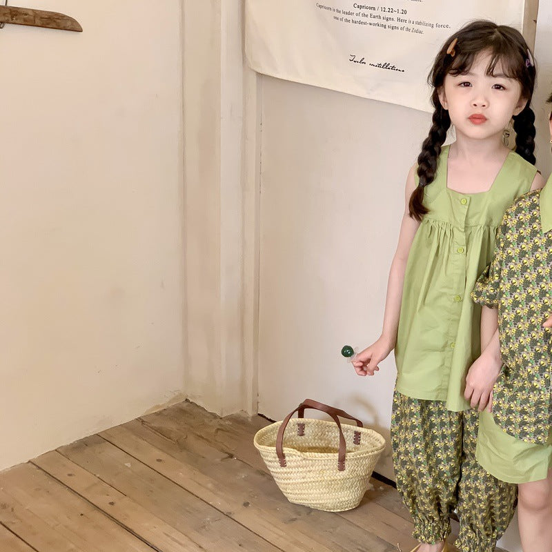 Floral Short Sleeve Matching Set フラワー セットアップ リンクコーデ【mh0012260】 Girls' camisoles + cropped pants / 90cm KUMAI.KIDS