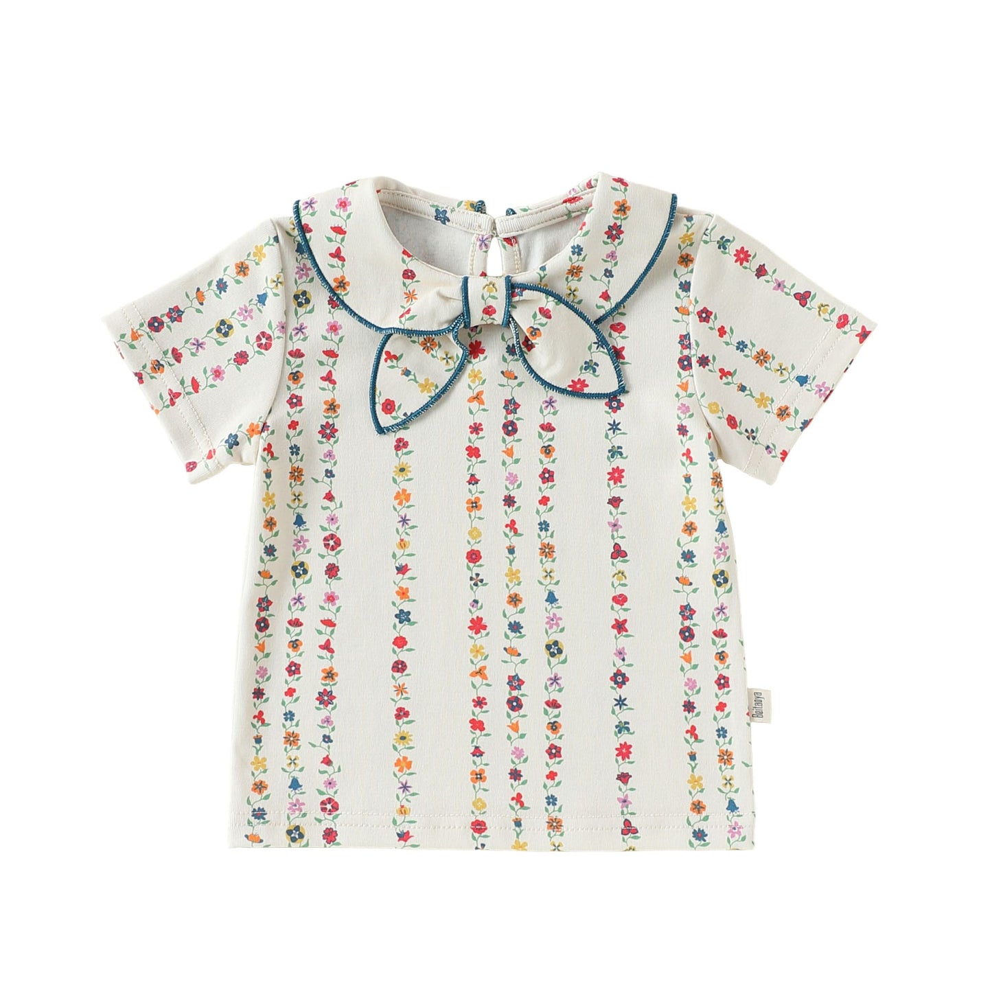 Floral Striped Ruffle Blouse Bow Collar Shirt Bloomers ボタニカル 半袖ブラウス ノースリーブシャツ ブルマパンツ【mh0013490】 Beige floral short-sleeved top / 73cm Beitaoya 半袖セットアップ