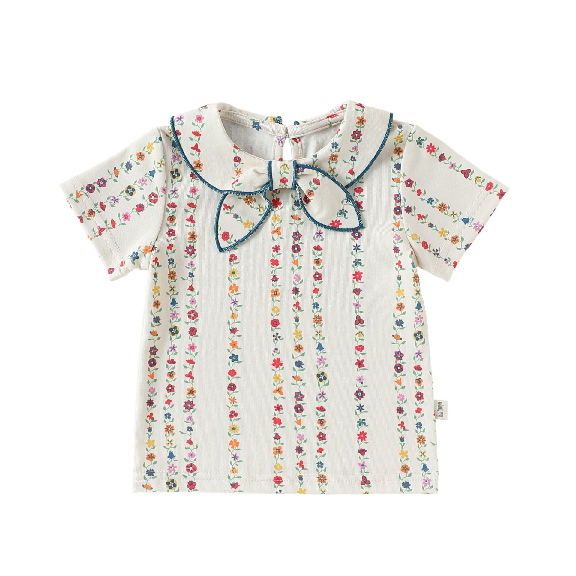 Floral Striped Ruffle Blouse Bow Collar Shirt Bloomers ボタニカル 半袖ブラウス ノースリーブシャツ ブルマパンツ【mh0013490】 Beige floral short-sleeved top / 73cm Beitaoya 半袖セットアップ