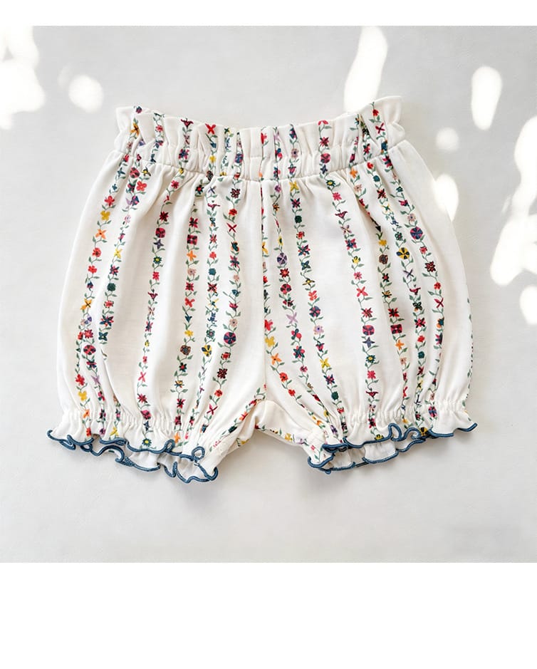 Floral Striped Ruffle Blouse Bow Collar Shirt Bloomers ボタニカル 半袖ブラウス ノースリーブシャツ ブルマパンツ【mh0013490】 Beitaoya 半袖セットアップ