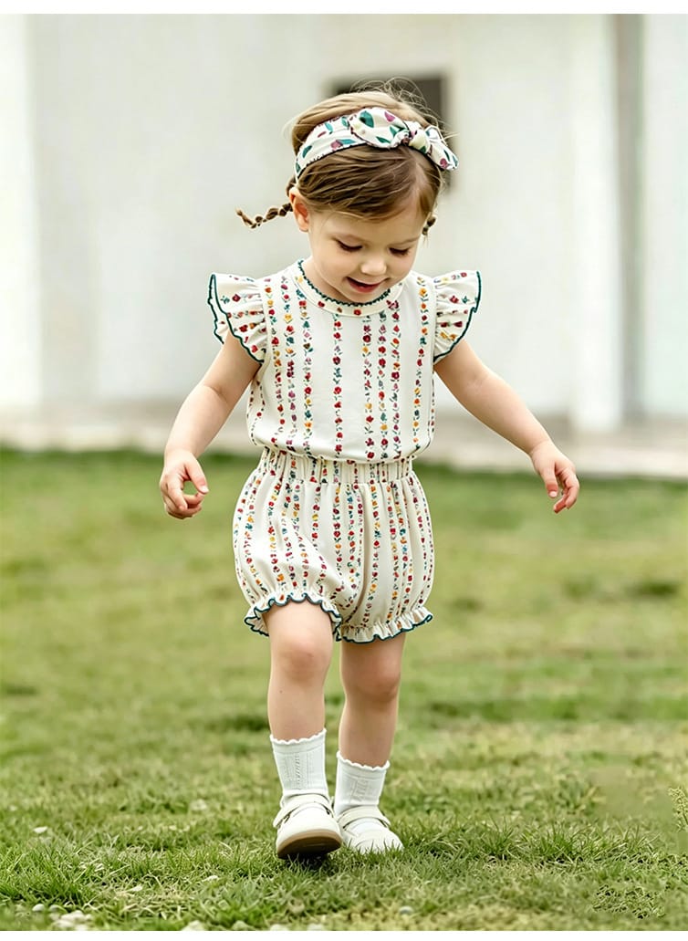 Floral Striped Ruffle Blouse Bow Collar Shirt Bloomers ボタニカル 半袖ブラウス ノースリーブシャツ ブルマパンツ【mh0013490】 Beitaoya 半袖セットアップ