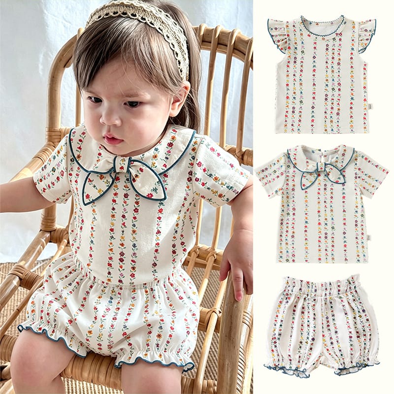 Floral Striped Ruffle Blouse Bow Collar Shirt Bloomers ボタニカル 半袖ブラウス ノースリーブシャツ ブルマパンツ【mh0013490】 Beitaoya 半袖セットアップ