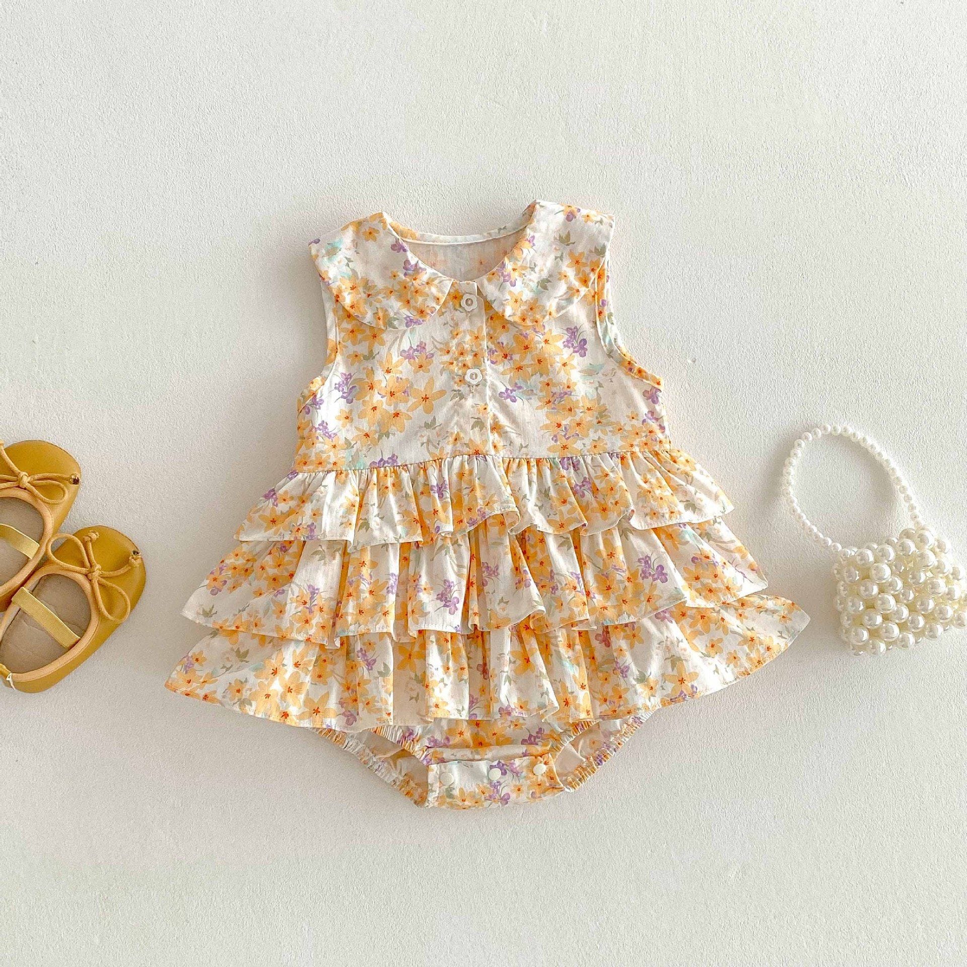 Floral Tiered Ruffle Sleeveless Romper 小花柄 ノースリーブロンパース【mh0013439】 Orange / 66cm angou ノースリーブロンパース