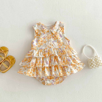 Floral Tiered Ruffle Sleeveless Romper 小花柄 ノースリーブロンパース【mh0013439】 Orange / 66cm angou ノースリーブロンパース