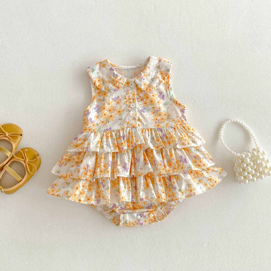 Floral Tiered Ruffle Sleeveless Romper 小花柄 ノースリーブロンパース【mh0013439】 Orange / 66cm angou ノースリーブロンパース
