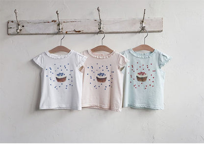フリルスリーブのカップケーキ柄Tシャツ3色（白・ベージュ・水色）