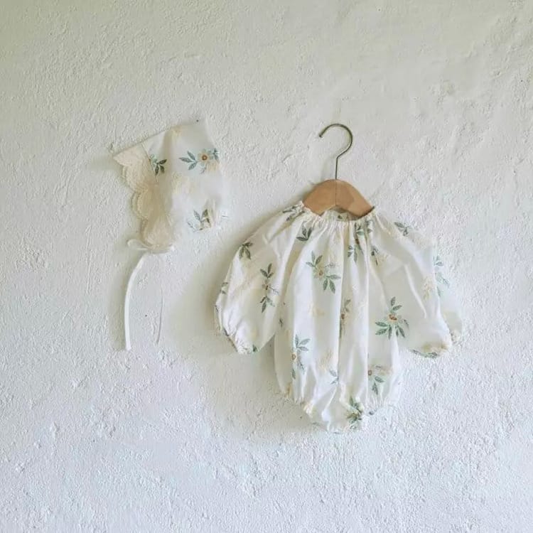 Flower Embroidered Romper with Bonnet 花柄 刺繍 ロンパース ボンネット【mh0012670】 Green / 66cm BBAMMA 長袖ロンパース